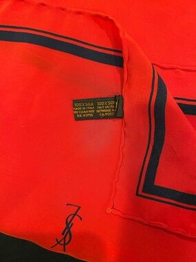 Yves Saint Laurent Red Silk Scarf with Navy Border